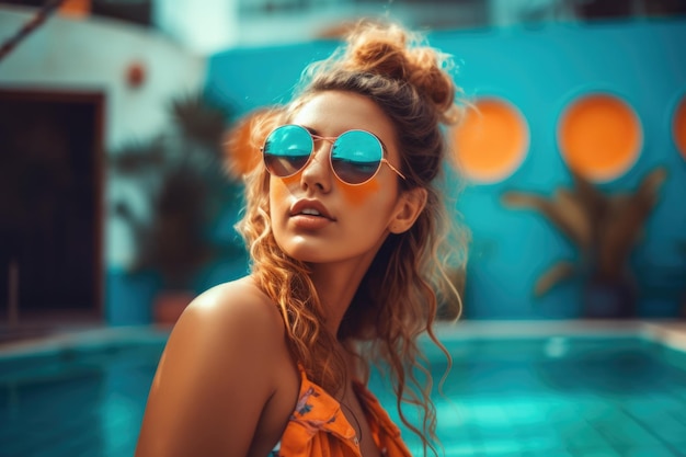 Belle jeune femme en lunettes de soleil appréciant avec ses vacances d'été à la piscine générative ai