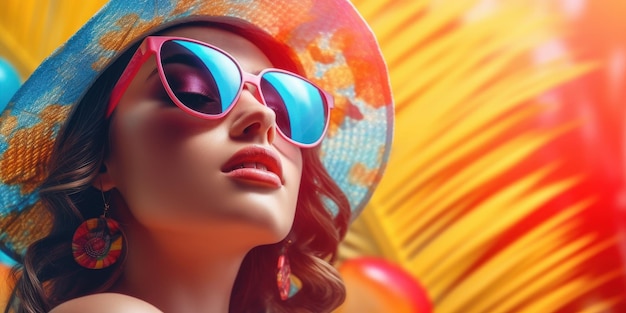 Belle jeune femme avec des lunettes de soleil Summer Festive Time Background Générative Ai