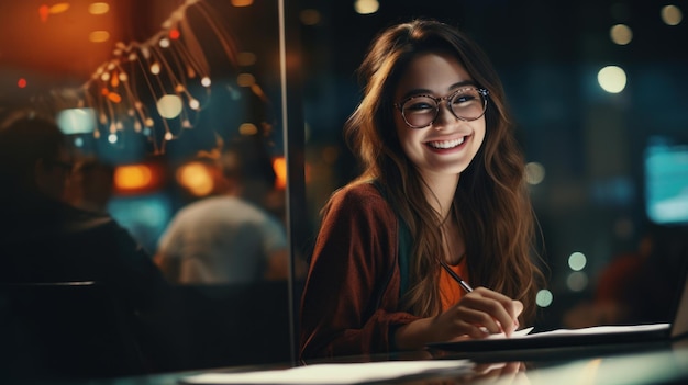Une belle jeune femme en lunettes travaille sur un ordinateur portable dans un café IA générative