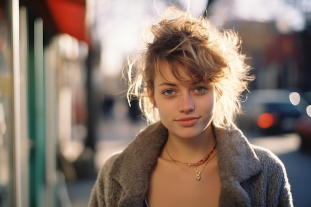 une belle jeune femme en manteau debout dans une rue