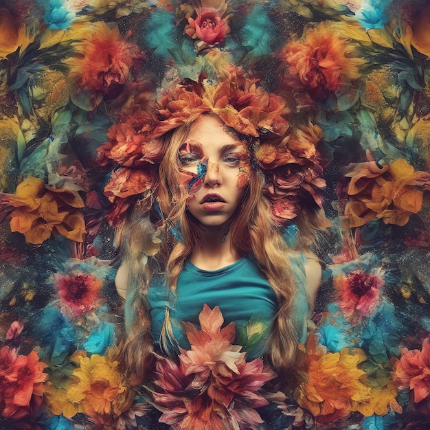 belle jeune femme avec un maquillage créatiffille avec des fleurs femme dans une couronnebelle jeune femme