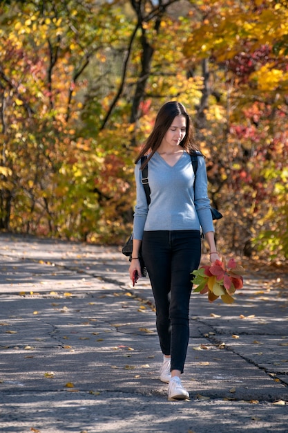 Belle jeune femme marche le long de l'allée du parc en automne. Jeune fille dans la forêt. Cadre vertical.