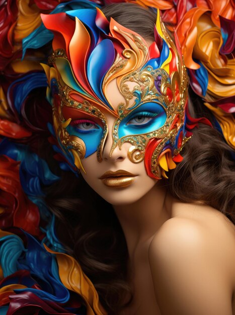 Une belle jeune femme avec un masque multicolore.