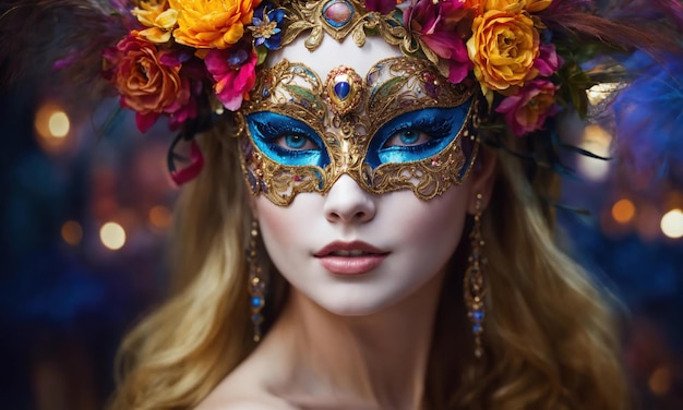 Une belle jeune femme avec un masque vénitien à la mascarade ai generative