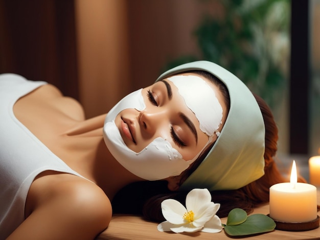 Photo une belle jeune femme avec un masque sur le visage allongée sur le canapé dans un salon de spa ia générative