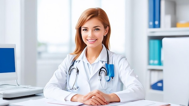 Belle jeune femme médecin regardant la caméra au bureau