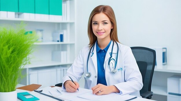 Belle jeune femme médecin regardant la caméra au bureau