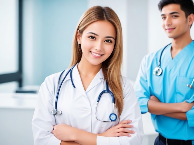 Belle jeune femme médecin souriante debout dans un hôpital