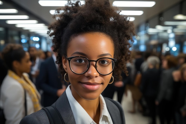 Belle jeune femme noire portant des lunettes debout et regardant la caméra Elle travaille dans une entreprise florissante