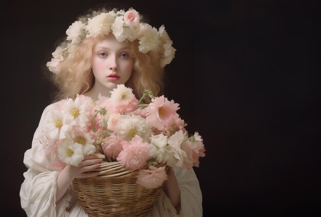 Belle jeune femme avec panier de fleurs roses, espace de copie pour le texte