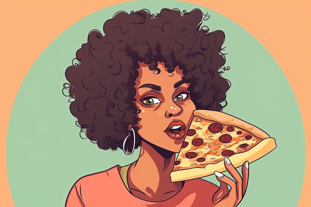 Belle jeune femme à la peau bronzée mangeant de la pizza Illustration simple dans un style pop art Generative AI