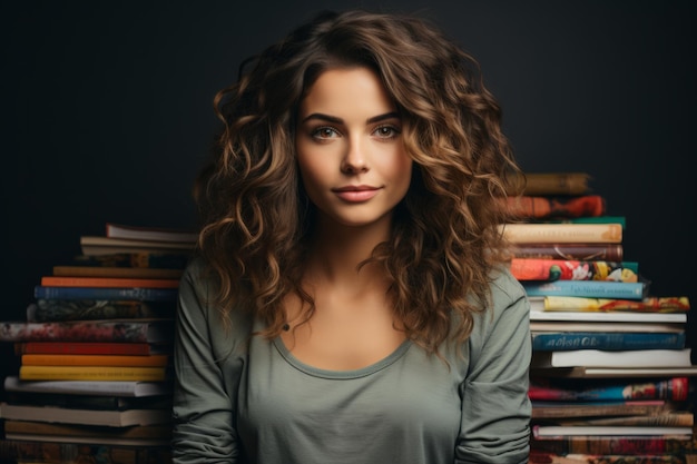 Belle jeune femme avec une pile de brochures marketing faisant la promotion d'une marque Generative AI