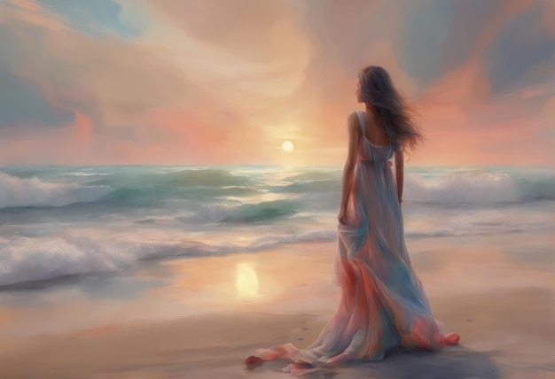 belle jeune femme sur la plage au coucher du soleilbelle jeune femme sur la plage au coucher du soleilfemme en robe sur