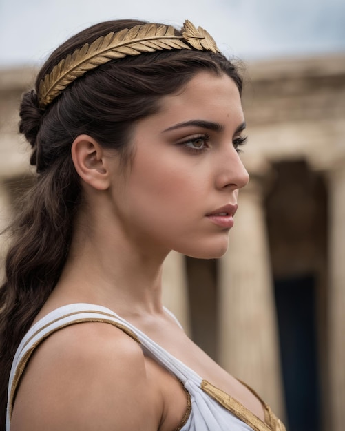 Photo une belle jeune femme portant un bandeau grec devant un ancien temple grec