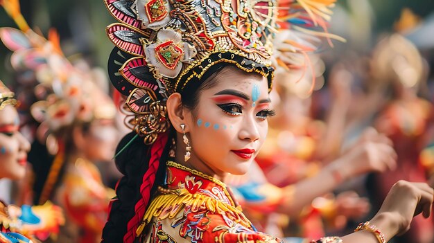 Une belle jeune femme portant une coiffure traditionnelle et un costume coloré interprète une danse traditionnelle lors d'une fête