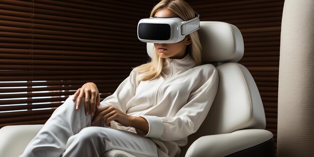 Une belle jeune femme portant des lunettes de réalité virtuelle assise sur une chaise.