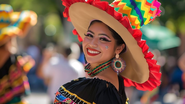 Une belle jeune femme portant une robe traditionnelle mexicaine colorée et un grand chapeau souriant à la caméra