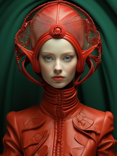 Une belle jeune femme portant une veste rouge futuriste et un casque innovations et artificiels