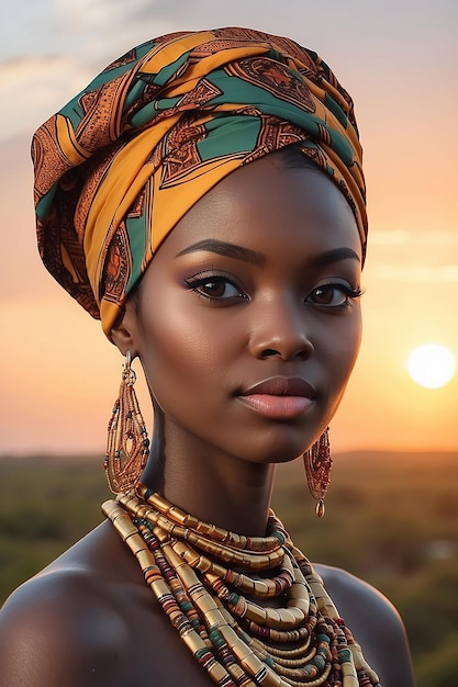 Une belle jeune femme portant un voile traditionnel africain au coucher du soleil