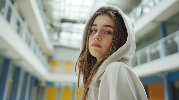 Une belle jeune femme porte un capuchon élégant dans le couloir de l'école.