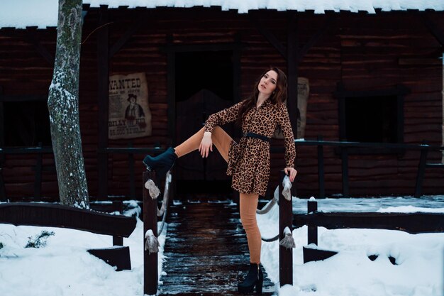 Belle jeune femme posant dans une robe à imprimé léopard un soir d'hiver dans un parc de la ville