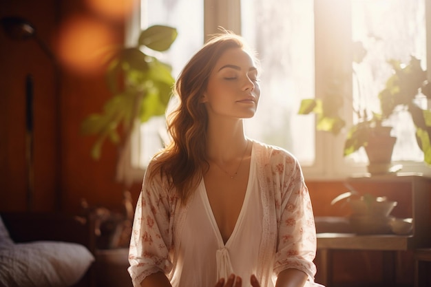 Belle jeune femme pratiquant le yoga à la maison