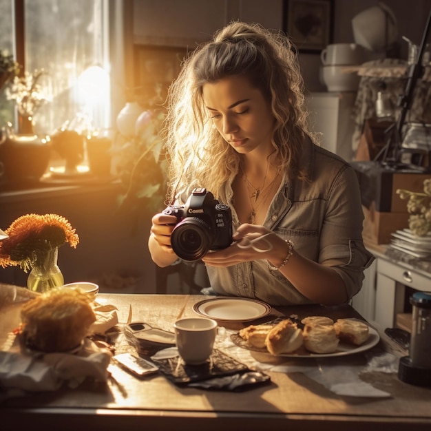 Belle jeune femme prenant une photo de son petit déjeuner le matin