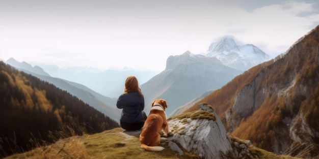 Belle jeune femme profiter de la vue avec son chien lors d'une randonnée dans la montagne