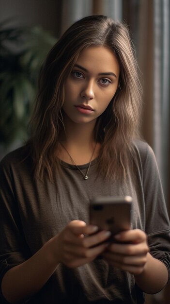 Une belle jeune femme qui regarde son téléphone.