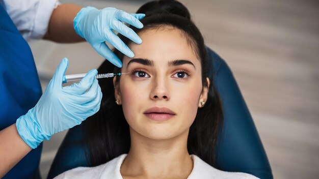 Une belle jeune femme reçoit une injection de botox dans le visage.