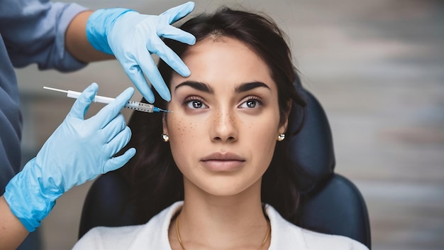 Une belle jeune femme reçoit une injection de botox dans le visage.