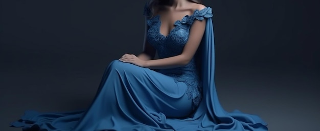 Belle jeune femme en robe bleue sur fond sombre studio shotgenerative ai