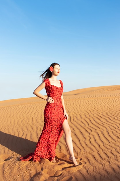 Belle jeune femme en robe longue rouge avec des pétales de rose rouges parmi le désert conception rose du désert