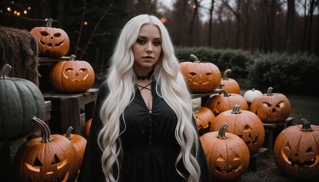 Belle jeune femme en robe noire et chapeau sur le fond de citrouilles d'Halloween ai générative