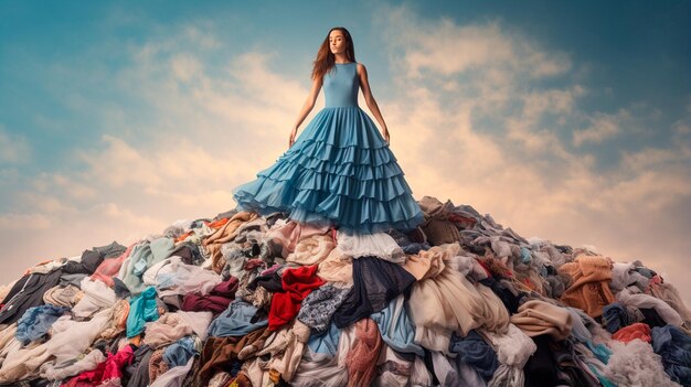 belle jeune femme en robe posant sur le fond d'un paysage bleu