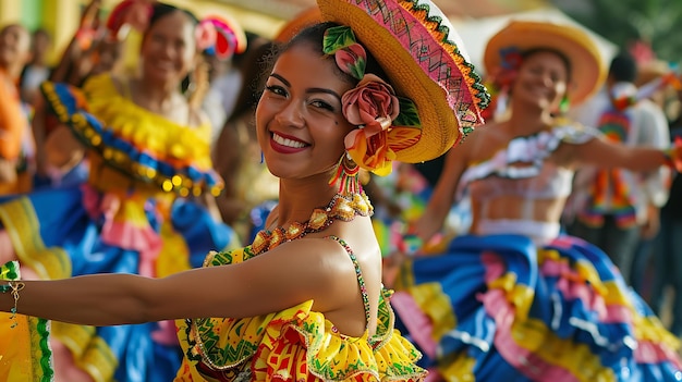 Une belle jeune femme en robe traditionnelle colombienne avec un grand sourire sur le visage