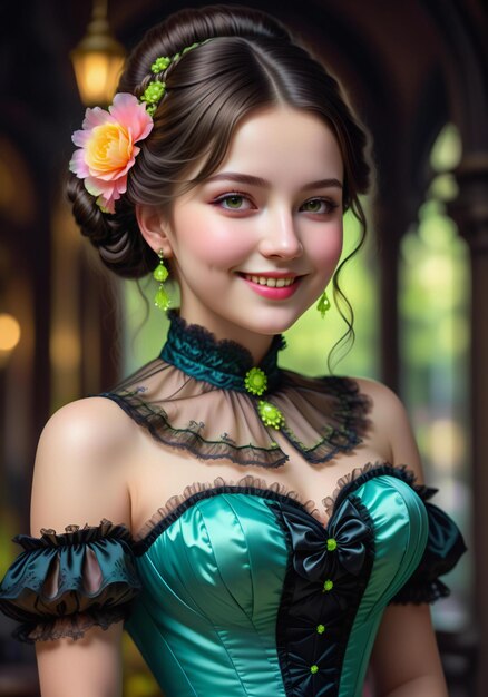 Une belle jeune femme en robe verte avec des fleurs dans les cheveux.