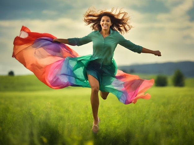 Photo belle jeune femme sautant sur un pré vert avec un mouchoir coloré