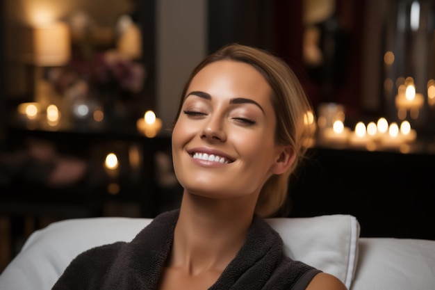 Une belle jeune femme se détend dans un salon de spa. Traitements de soins de la peau.