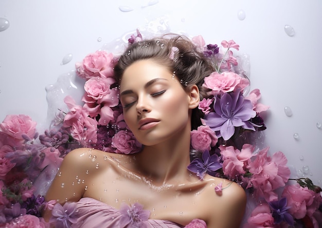 Photo une belle jeune femme se détend dans un spa avec les yeux fermés et profite du silence.