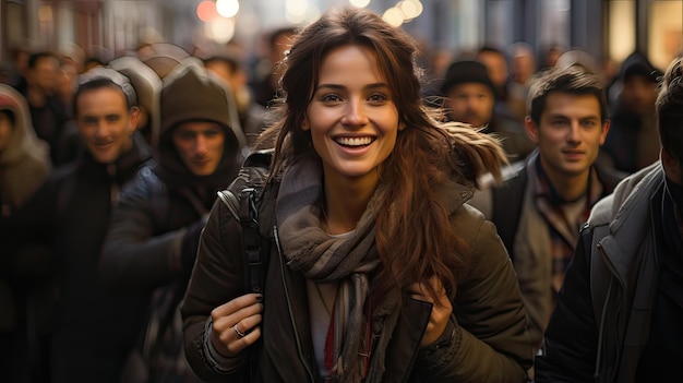 Une belle jeune femme se promène dans la ville en regardant la caméra avec un sourire.