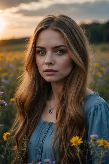 Photo une belle jeune femme se tient au milieu d'un champ d'herbes hautes et de fleurs sauvages