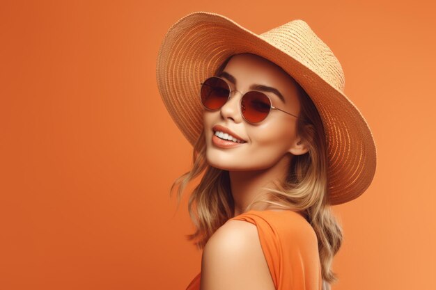 Belle jeune femme séduisante en lunettes de soleil et chapeau debout sur fond orange ai générative