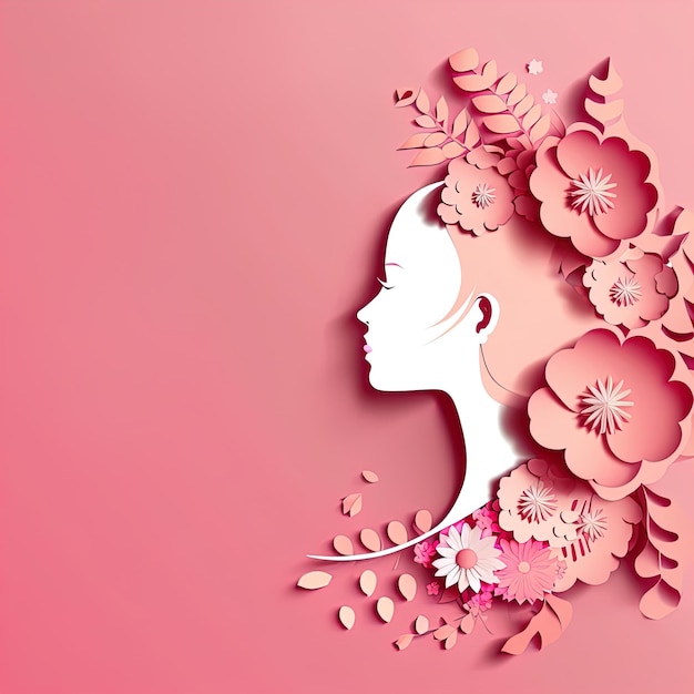 Photo belle jeune femme silhouette avec coupe de cheveux faite de fleurs et de feuilles journée internationale de la femme 8 mars symbole beauté féminine style papercut