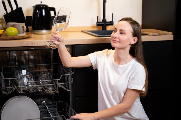 Belle jeune femme sort les verres à vin du lave-vaisselle et sourit en lavant la vaisselle en th