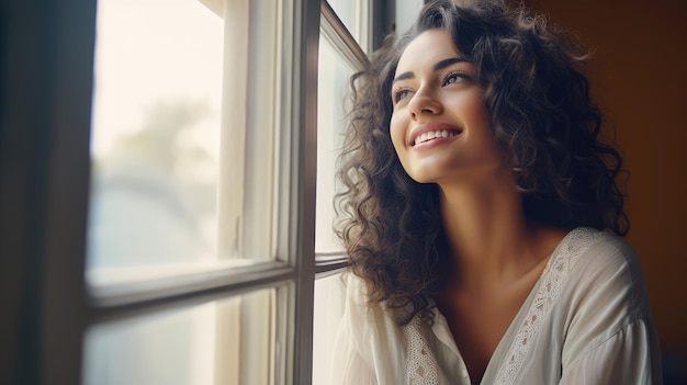 Une belle jeune femme souriant joyeusement à côté d’une fenêtre