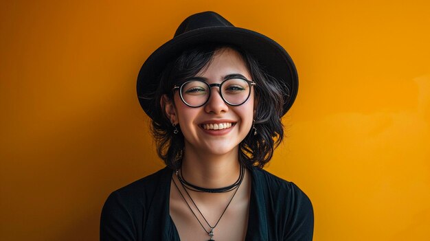 Une belle jeune femme souriante dans un chapeau et des vêtements noirs et portant des lunettes