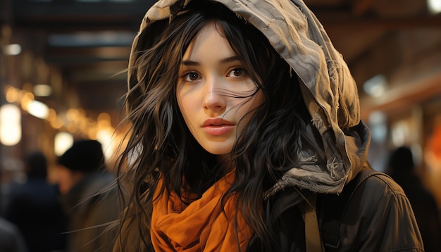 Belle jeune femme souriante dans un portrait de mode automne humide généré par l'intelligence artificielle