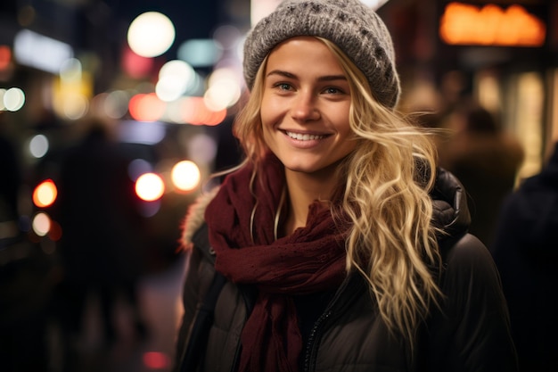 une belle jeune femme souriante dans la ville la nuit