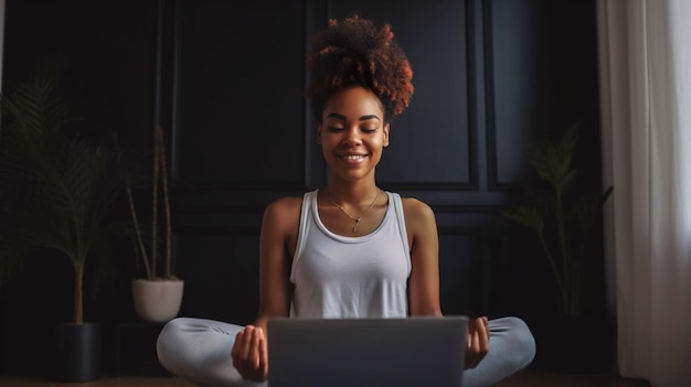 Belle jeune femme souriante méditant les yeux fermés tout en utilisant un ordinateur portable à la maison AI générative